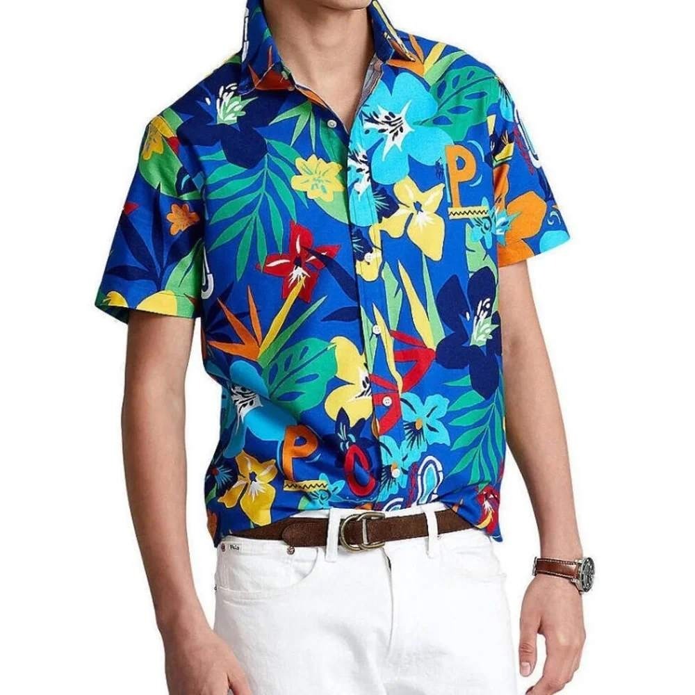 Ralph Lauren Mens 2XB Tropical Floral Polo Logo Button Down Shirt Blue Hibiscus
